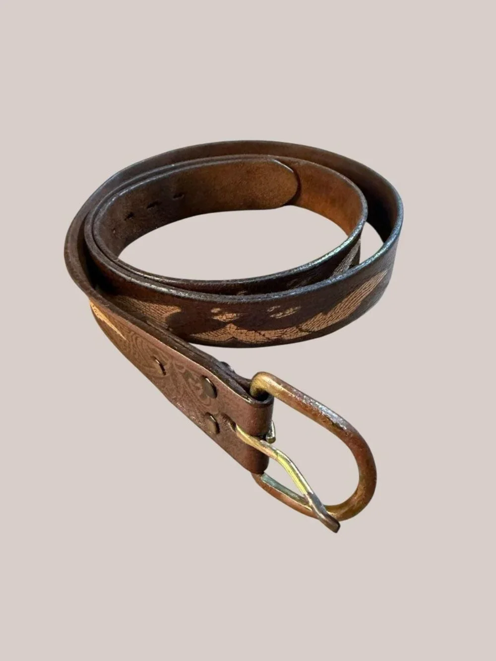 Vintage 70s/80s Brown Leather Eagle Belt Brass Buckle Biker Western Tooled 46”